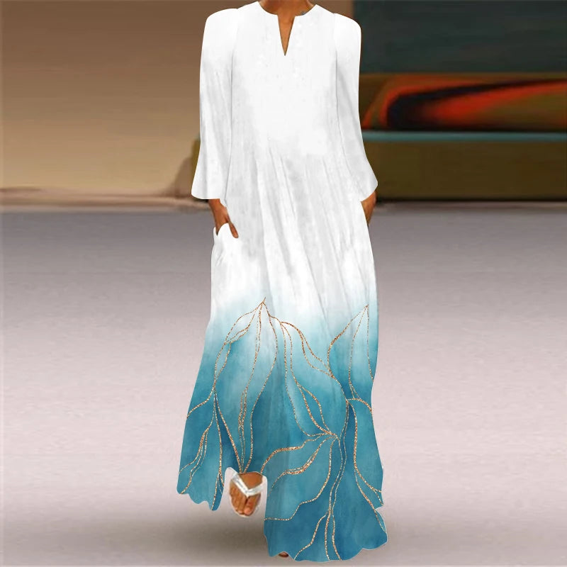 2024 European and American Cross border Women's New Dress V-neck Long sleeved Sexy Printed Large Pocket Foreign Trade Dress
