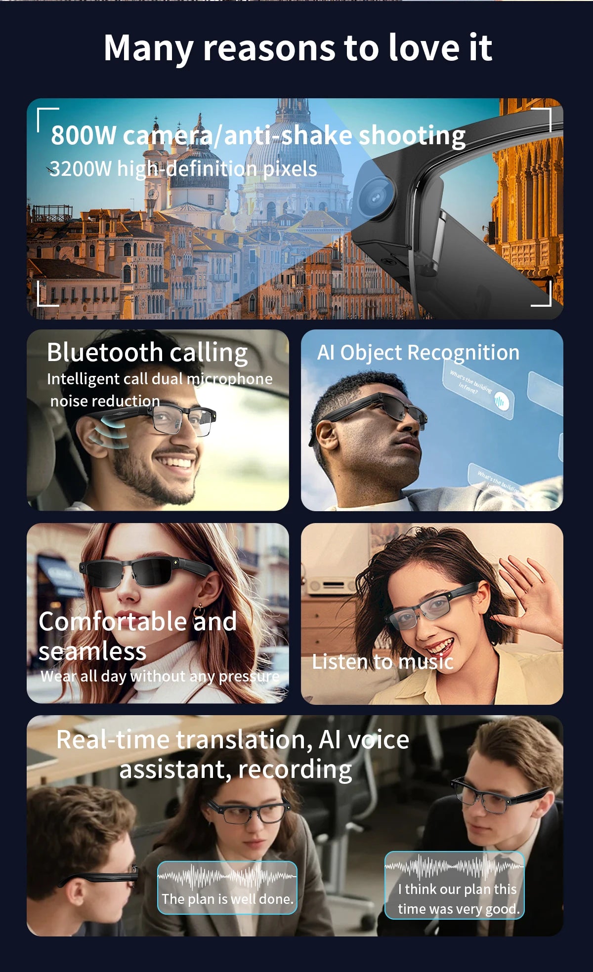 2026 Smart Glasses 800W HD Camera Anti Shake Video Recording Music AI Object Recognition WIFI Transmission BT Call Smart Glasses