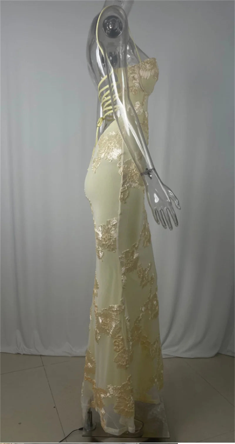Mozision Spaghetti Strap Backless Sexy Maxi Dress Women Gown Floral Ribbon Applique Sleeveless Bodycon Evening Club Party Dress