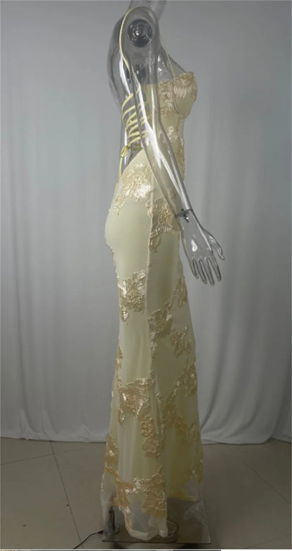 Mozision Spaghetti Strap Backless Sexy Maxi Dress Women Gown Floral Ribbon Applique Sleeveless Bodycon Evening Club Party Dress