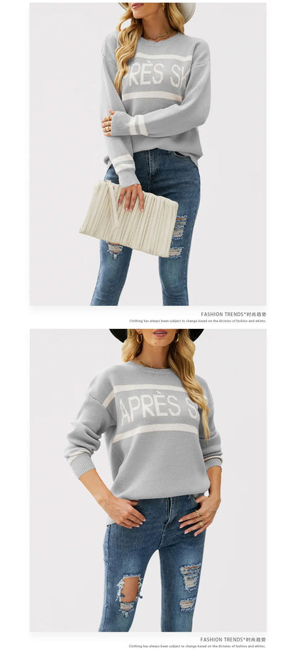 Women's Autumn and Winter New Crew-neck Monogram Jacquard Patchwork Pullover Sweater, Fashion Casual Spell Color Knit Sweater