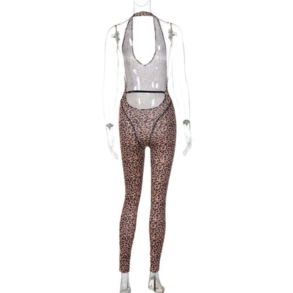 Hugcitar Leopard Print Halter Backless Slip Sexy Bodycon Jumpsuit 2025 Spring Summer Casual Outfits Streetwear Festival Romper