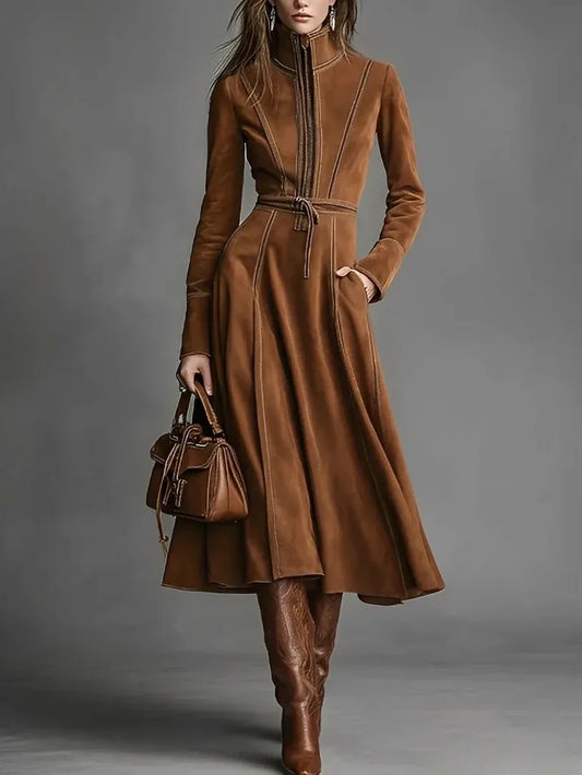 Elegant Retro Solid Suede Dresses Woman Stand Collar Zipper Slim A-line Dress Long Sleeve Lace Up Pocket High Street Midi Dress