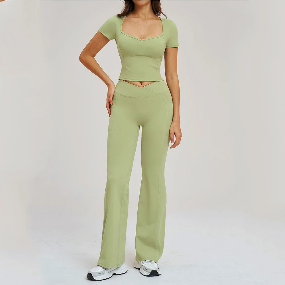 2PCS Women's Yoga Tracksuit midriff-baring short sleeve top high waist Bell-bottom Women Gym Running Training Workout Yoga Set