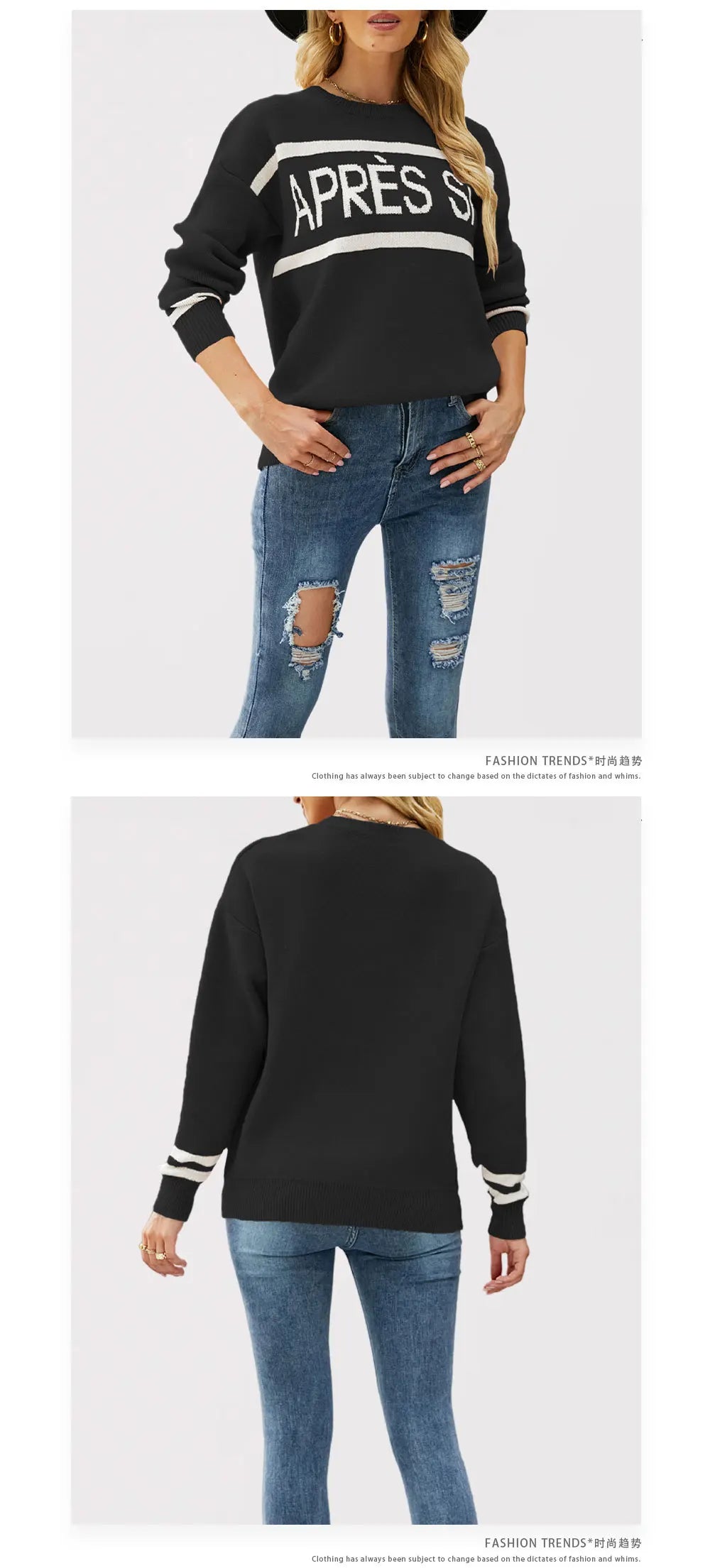 Women's Autumn and Winter New Crew-neck Monogram Jacquard Patchwork Pullover Sweater, Fashion Casual Spell Color Knit Sweater