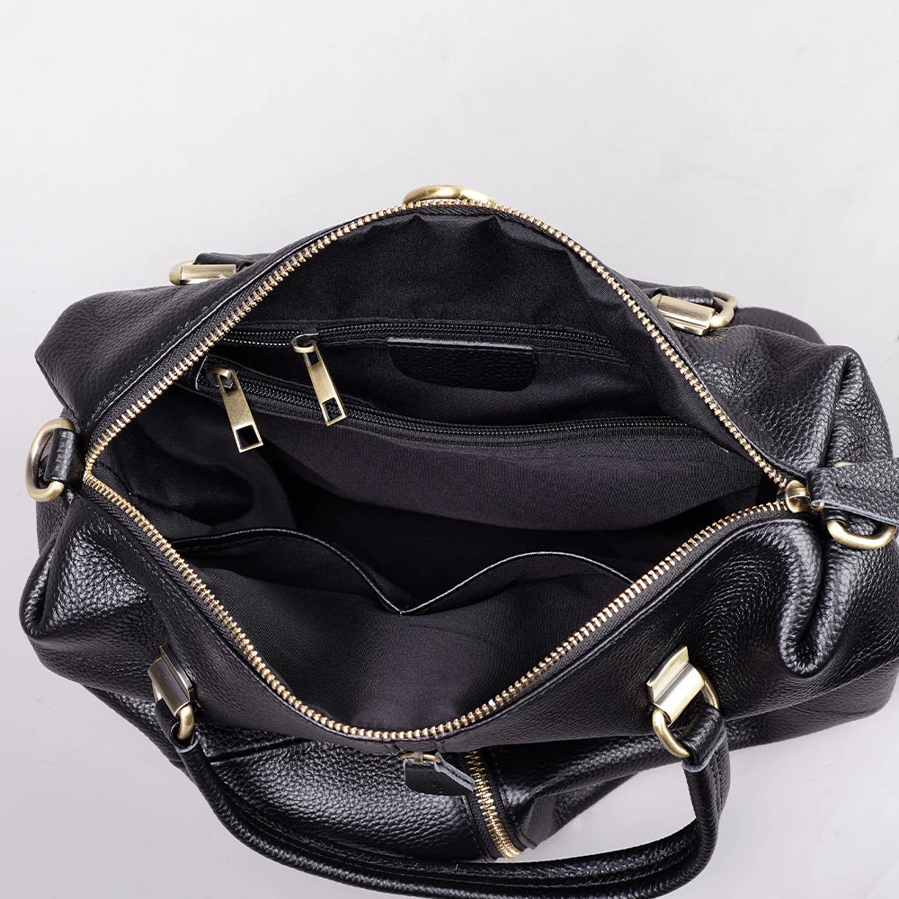Fashionable Soft Top Layer Cowhide Backpack Large Women's Bag Black Versatile Ladies Handbag Shoulder Bag for All Occasions