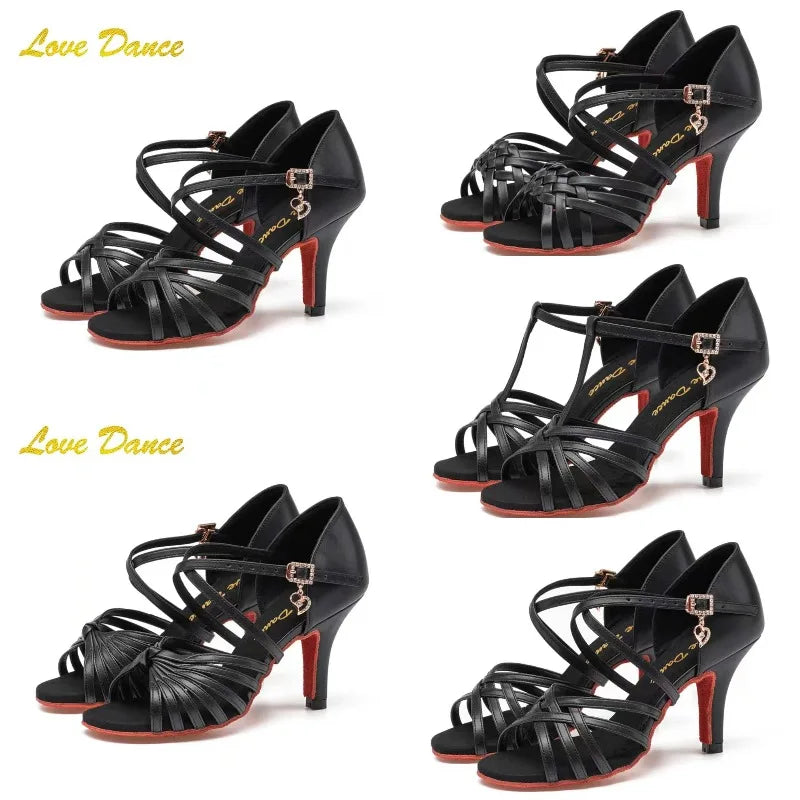 SW Latin Dance Premium Professional Women's Black Dance Shoes with Red Sole for Ballroom, Competition, Rumba & Cha-Cha Practice