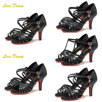 SW Latin Dance Premium Professional Women's Black Dance Shoes with Red Sole for Ballroom, Competition, Rumba & Cha-Cha Practice