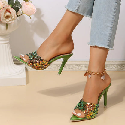 New Fashion Sequin Slip Flops 2024 Summer New Style Thin Heeled High Heeled Outwear Fashion Sandals Women's Shoes 9.5CM