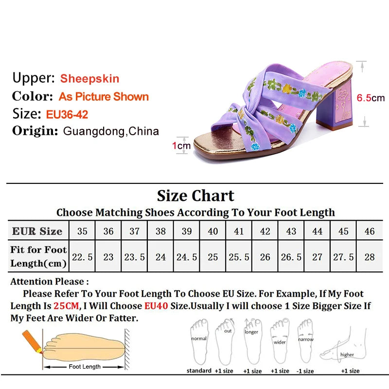 Purple Handmade Woman Slippers Luxury Party Banquet Shoes 6.5CM High Heels Summer Fashion Slide Lady Square Toe Bohemian Sandals