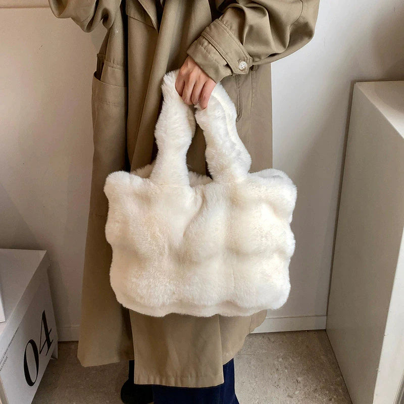 Women's Fluffy Plush Shoulder Bag Autumn Winter Top-Handle Solid Color Tote Versatile Commuter Handbag for Girls
