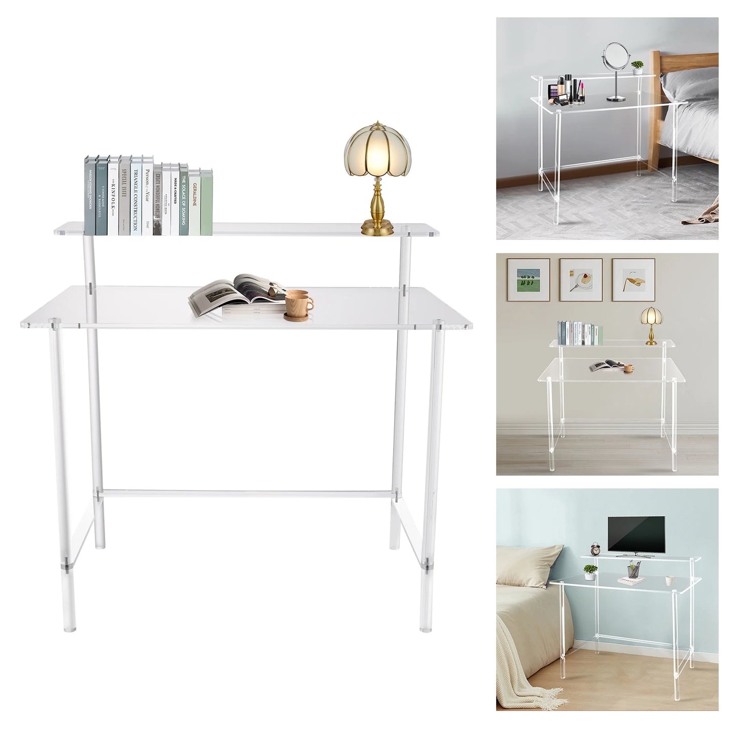 Acrylic Desk 2-Tier Computer Desk Home Office Clear Desk 31.5*19.69*34.65in Writing Table Vanity Desk Study Desk