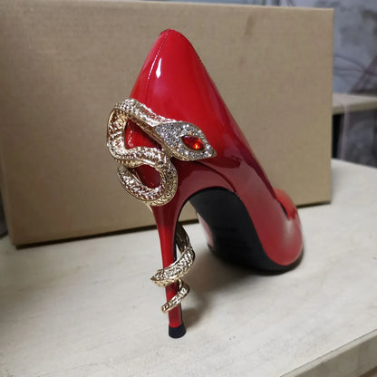 Metal Rhinestone Winding Snake Heels Pumps Women Pointed Toe Stiletto Heel Slip On Satin Pumps 2025 New Sexy Party Catwalk Pumps