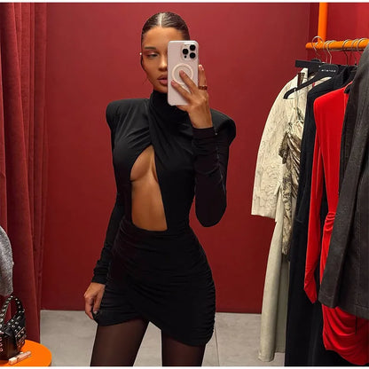 Sexy Hollow-out Pleated Mini Dress Women Fashion Solid Half High Collar Long Sleeve Slim Dresses 2025 Lady Party Club Robes