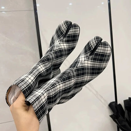 2025 Luxury Brand Designer Split Toe Ankle Boots New Fashion Chunky Round High Heels Women Boots Winter Plaid Boots