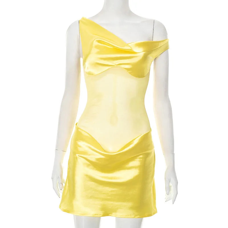 Oniflyme Mesh Patchwork Satin Mini Dress Women Inclined Shoulder Backless Ruched Slim Party Outfits Sleeveless Bodycon Dresses