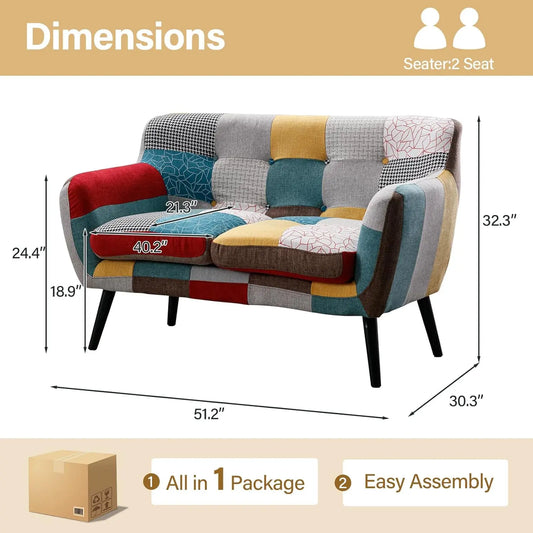 Modern Boho Loveseat Couch Sofa Chair for Living Room Bedroom, Upholstered Colorful Plaid Fabric 2-Seat Love Seat, Customized