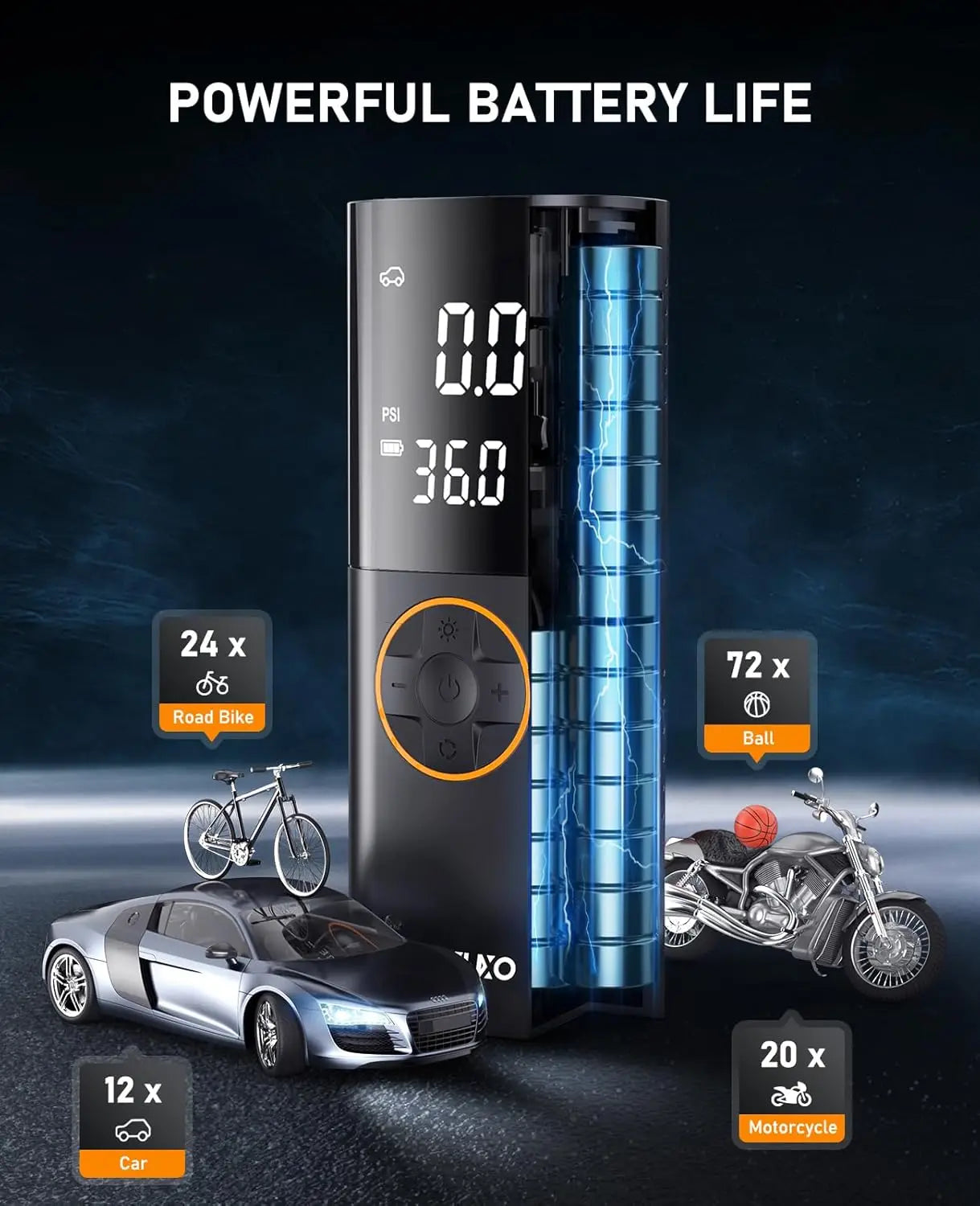 150PSI fast wireless air pump, suitable for tires, with digital pressure gauge and LED light, can be used for cars, bicycles