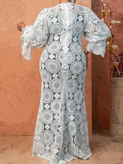 Womens White Lace Spring Dress Round Neck Vintage Beautiful Dresses Hollow Out Female Straight Gorgeous Dress Chic