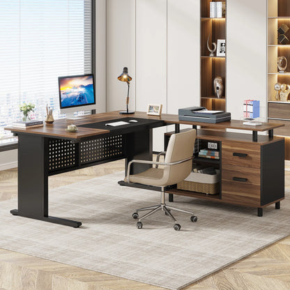 Tribesigns 63 Inch Executive Desk with File Cabinet, Large Office Desk L Shaped Computer Desk with Drawers and Storage Shelves