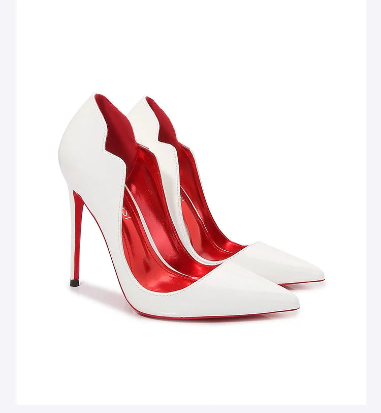 Black Curl Upper Women Patent PU Pointed Toe Stiletto 12cm High Heels Sexy Ladies Party Dress Shoes Club Dance Women Pumps