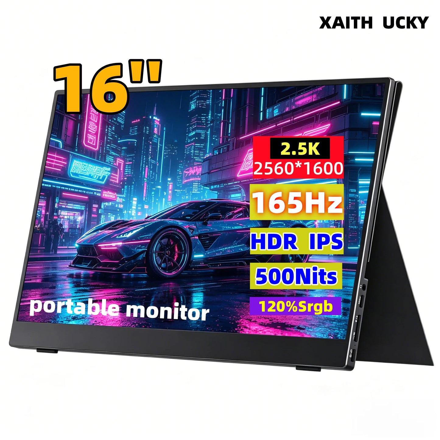 XAITH UCKY 16-inch 2K Portable Monitor, 2560×1600, 500 Nits, 120% sRGB, 165Hz HDR, HDMI & USB-C Travel External Display for Lapt