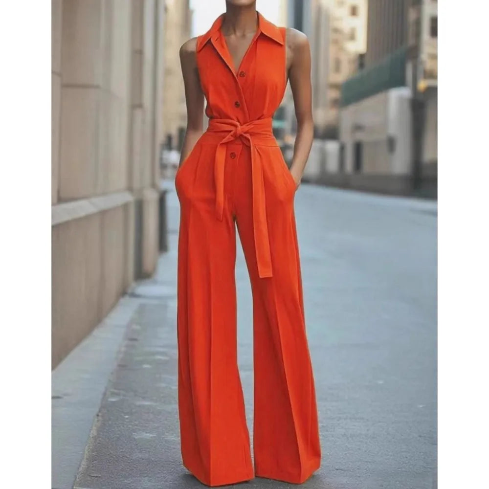 Sleeveless Lapel Jumpsuit Women's Fashion Button Down Shirt Collar Solid Color Wide Leg Commuting Office With Pocket Jumpsuit