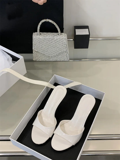 Liyke White Patent Leather Women Slippers Sandals Fashion Round Open Toe Thin High Heels Mules Slides Summer Party Dress Shoes