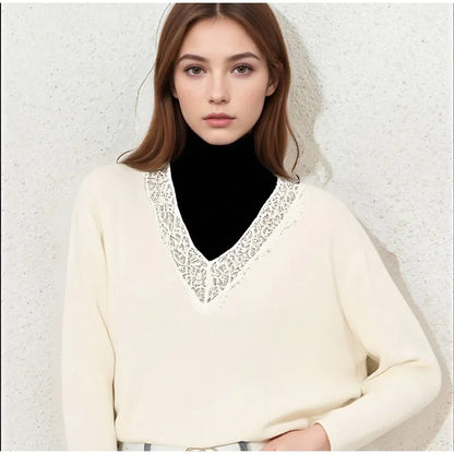 Women Fashion Lace Pullovers Elegant Long Sleeves Chic V-neck Solid Slim Knitwear 2025 Autumn Winter Daily Commute Outerwear