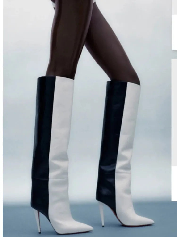 New European and American Women's Slim High Heels, Pointed Rivets, Knee Length Boots, Fashionable Party Oversized Mid Size Boots