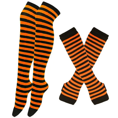 2Pair/Set Women Gothic Punk Over Knee Long Stripe Socks Girl Arm Sleeve Gloves Thigh High Cotton Socks Sweet Cute Christmas Gift