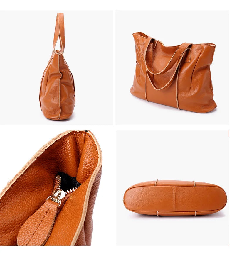 Women's Luxury Designer Natural Cowhide Soft Handbag Famale Fashion Shoulder Bag Ladies Cow Leather Large Capacity Tote Bag