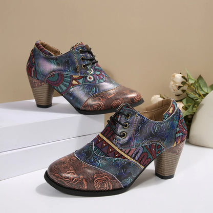 Women's Spring & Fall Short Boots, Bohemian Fashion Splicing Retro Short Boots, Casual Printed Western Leather Boots, Side Zippers, Suitable for Daily Commuting, Vacation, Parties