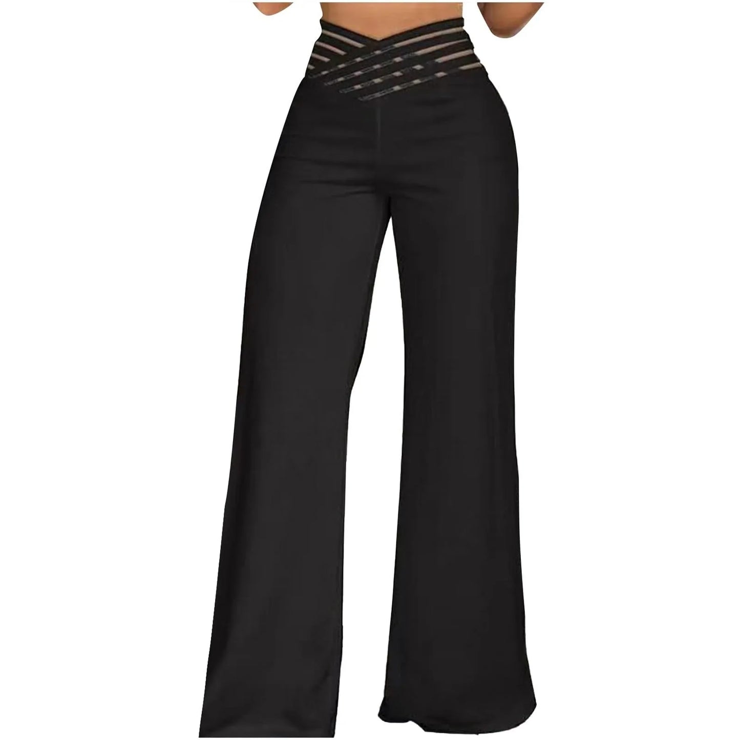 Women Wide Leg Flared Pants New Y2k Casual Crisscross Sheer Mesh Patch High Waist Trousers Elegant Streetwear Work Pants