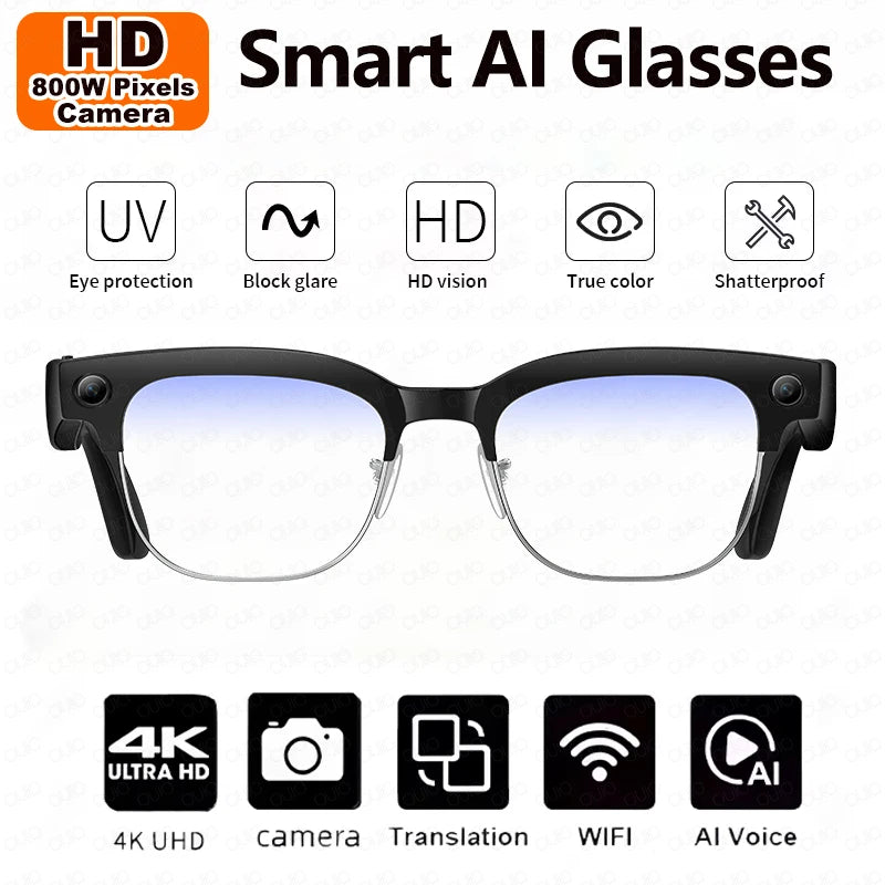 New 800W 4K UHD Camera Smart AI Glasses Recording Videos 290mAh Photo Recognition Translation Al Voice Bluetooth Smart Glasses
