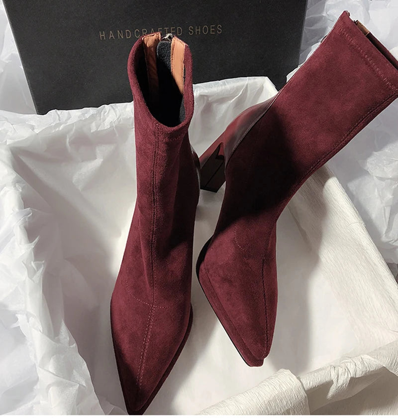 Square High Heel Women Ankle Boots Fashion Zippers Shoes Retro Style Autumn Winter Pointed Toe Ladies Dancing Party Prom Shoes