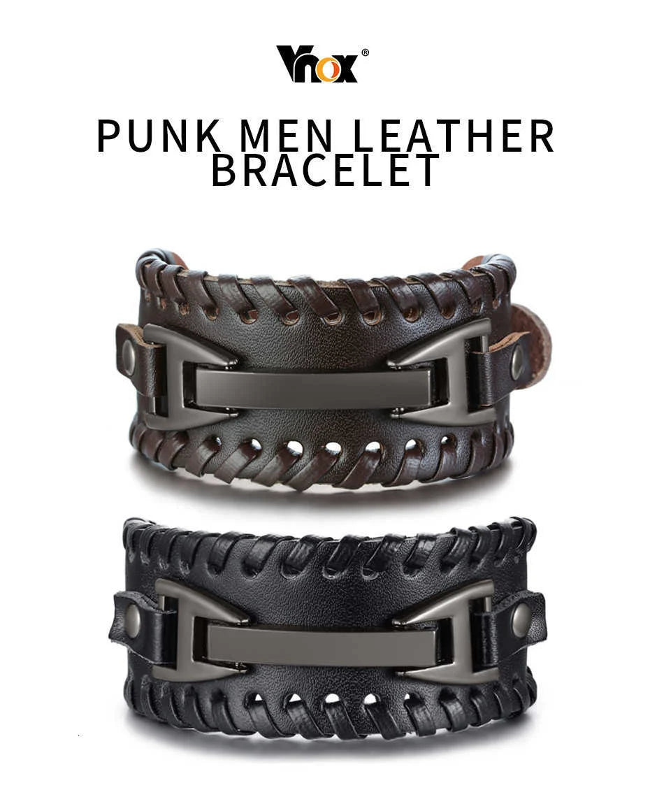 Vnox Wide Leather Wristband for Men Stylish Genuine Leather Bangle with Metal Charm Bracelets Punk Male Pulseira