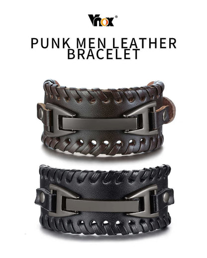 Vnox Wide Leather Wristband for Men Stylish Genuine Leather Bangle with Metal Charm Bracelets Punk Male Pulseira