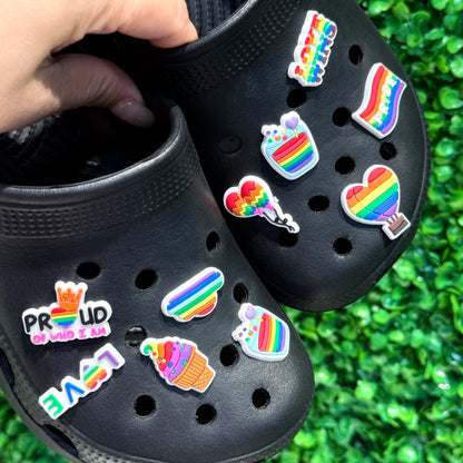 1-10PCS Love Pride Balloon Ice Cream Flag Rainbow PVC Shoe Charms Buckle Clog Fit Wristbands Sandals Shoes Decoration Party Gift