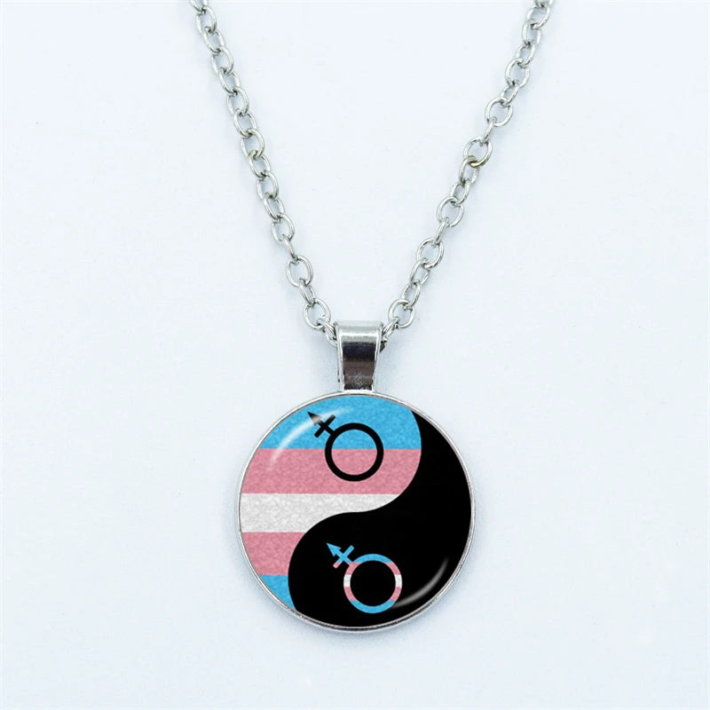 Rainbow Necklace LGBT Lesbian Gay Pride Rainbow Friendly Print Art Pattern Glass Cabochon Pendant Couple Chain Necklace Gift