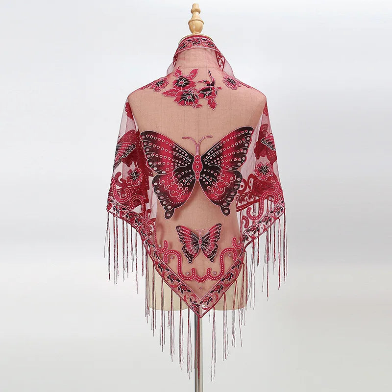 New Women Lace Tassel Triangular Scarf Solid Hollow-out Butterfly Embroidery Scarves Soft Lady Shawl Foulard Party Wrap Shawls