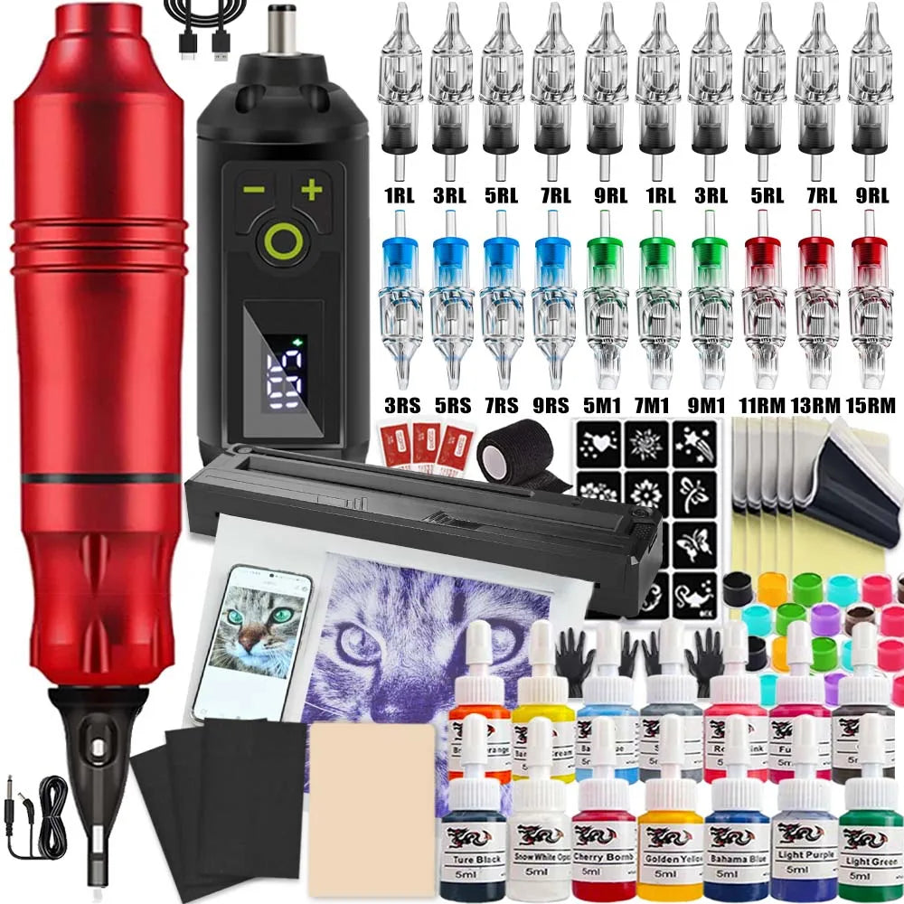 Tattoo Machine Kit Professional Tattoo Kit with Tattoo Transfer Machine Printer or Not Wireless Tattoo Power Supply Beginner Set