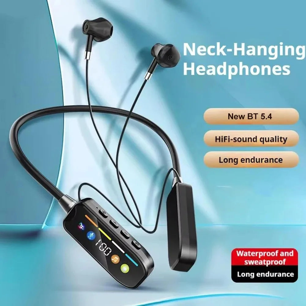 HD Screen Bluetooth 5.4 Headphones Neckband Earphones TWS Wireless Headsets HiFi Stereo Waterproof Earbuds Support TF Card