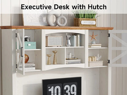 72" L-Shaped Executive Desk with Hutch, Farmhouse Home Office Desk, Wood L Shaped Computer Desks, Withe Computer Workstations