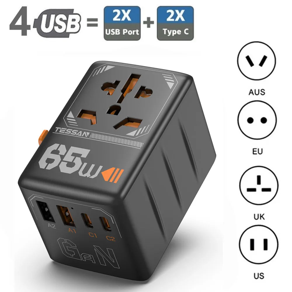TESSAN 35W/65W/100W GaN Universal Travel Adapter with USB Ports Type C Fast Charging Power Adapter EU/UK/USA/AUS Plug for Travel