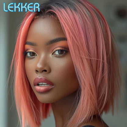 100% Human Hair Wigs Highlight Brown Long Pixie Straight Bob Middle Part lace Front For Women Brazilian Remy hair Glueless Wigs