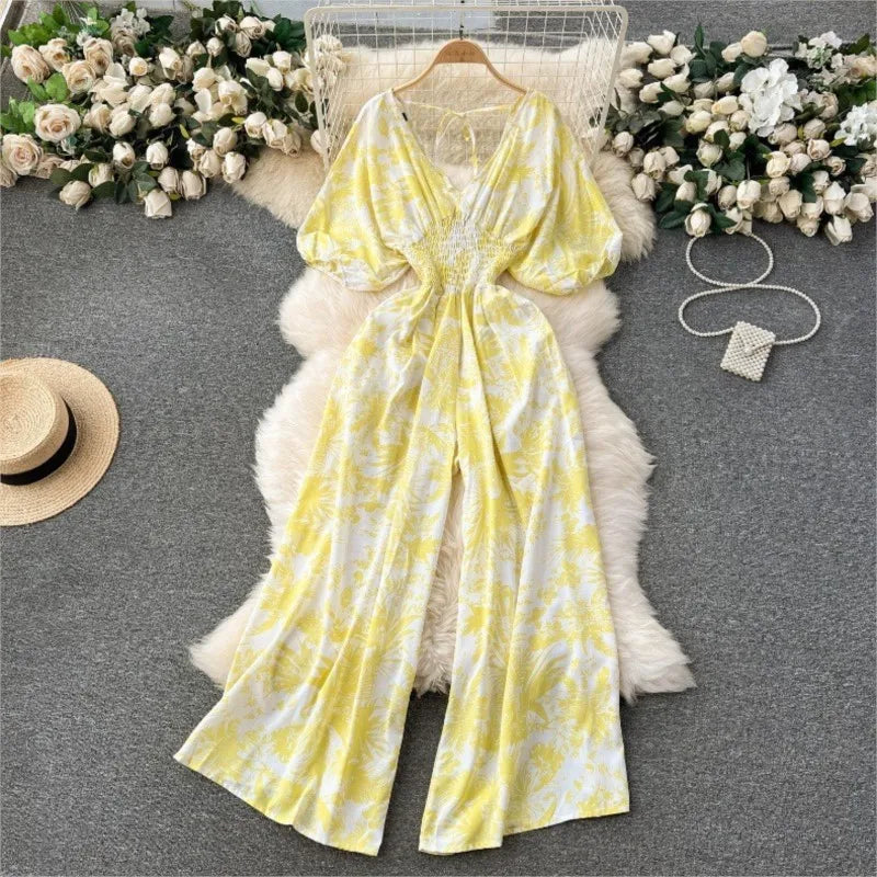 Women's Print Jumpsuit Casual V-neck Bubble Sleeve Backless Lace-Up Slimming Summer Beach Vacation Loose Wide Leg Jumpsuit