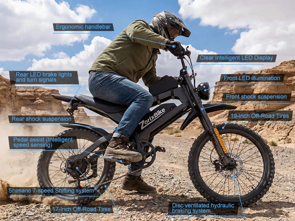 ZorixBike R8Max Adult Ebike 3000W Motor 35 MPH 48V 20Ah Lithium-Ion Battery 40-80 Mile Range Front 19"/ Rear 17"  Off-Road Tires
