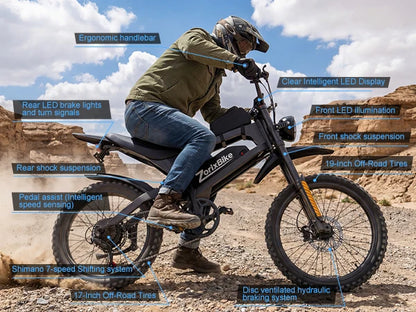 ZorixBike R8Max Adult Ebike 3000W Motor 35 MPH 48V 20Ah Lithium-Ion Battery 40-80 Mile Range Front 19"/ Rear 17"  Off-Road Tires