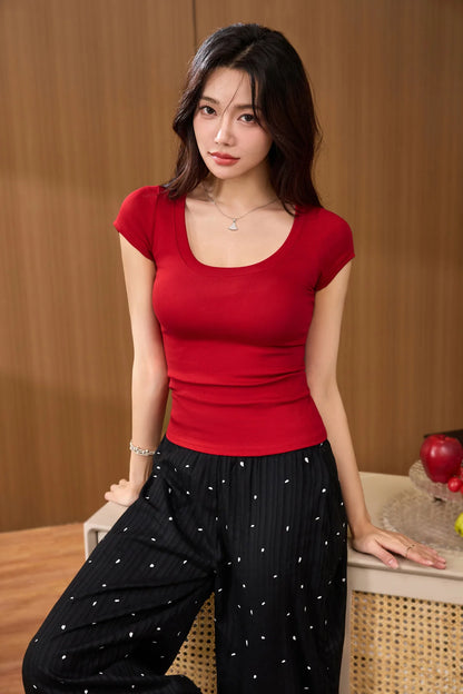 Cotton short sleeved women's T-shirt for summer, slim fit and slimming, versatile waist design, front shoulder, U-neck